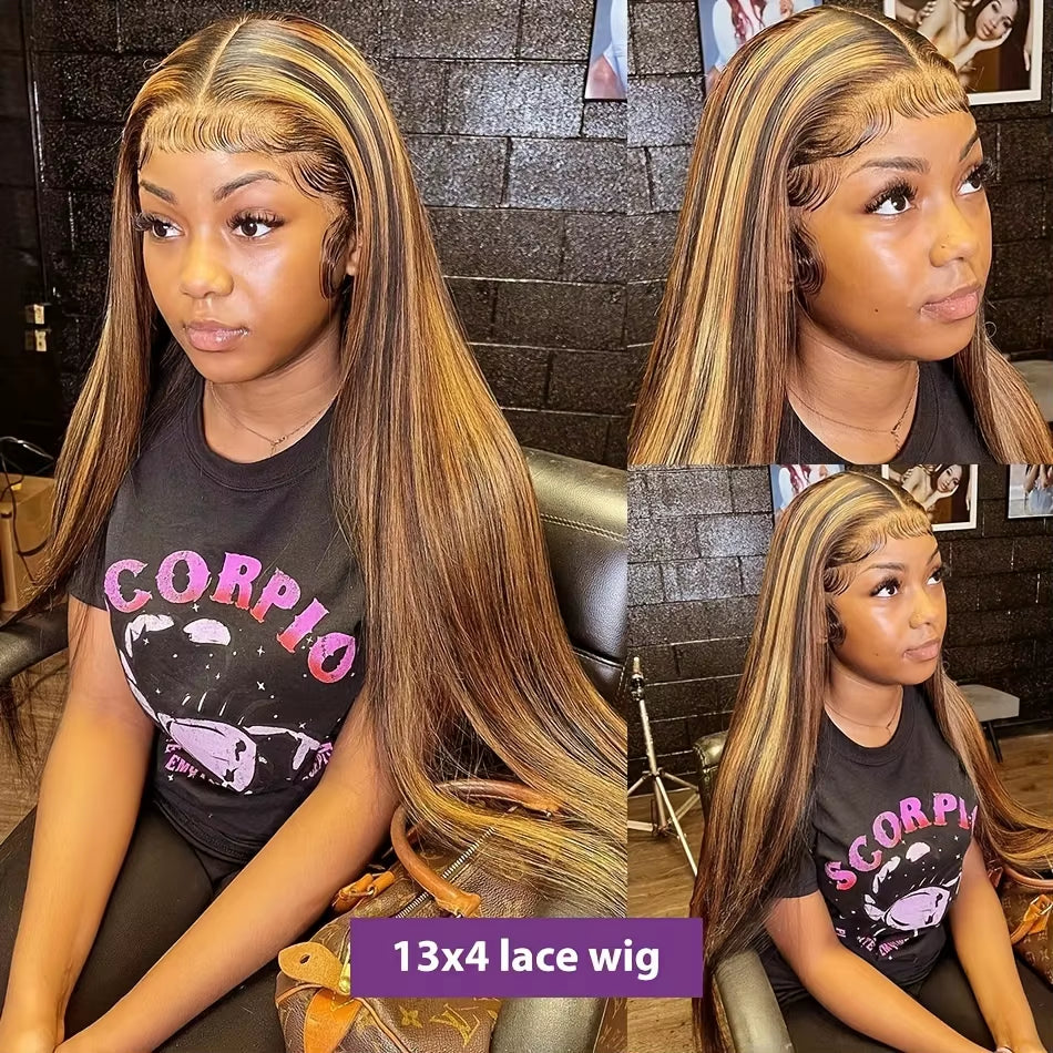 4/27 Highlight Colored Wigs 13X6 Hd Lace Frontal Wig Human Hair Bone Straight Wig 13X4 Lace Front Pre Plucked Wigs 30 32 Inch