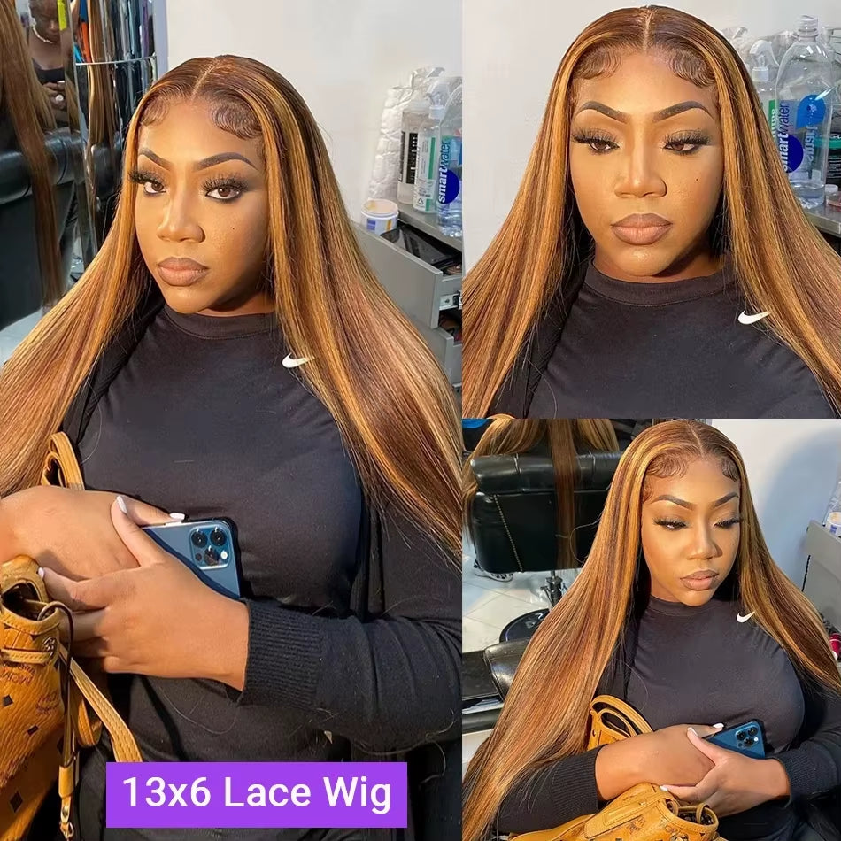4/27 Highlight Colored Wigs 13X6 Hd Lace Frontal Wig Human Hair Bone Straight Wig 13X4 Lace Front Pre Plucked Wigs 30 32 Inch