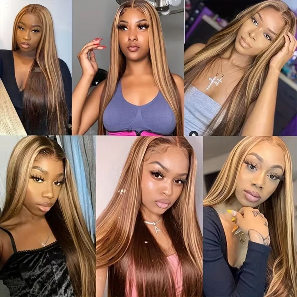 4/27 Highlight Colored Wigs 13X6 Hd Lace Frontal Wig Human Hair Bone Straight Wig 13X4 Lace Front Pre Plucked Wigs 30 32 Inch