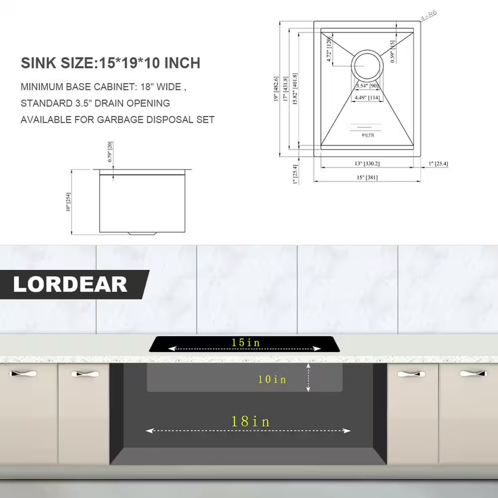 15 In. Undermount Single Bowl Stainless Steel Kitchen Sink, 16-Gauge Ledge Workstation Kitchen Sink