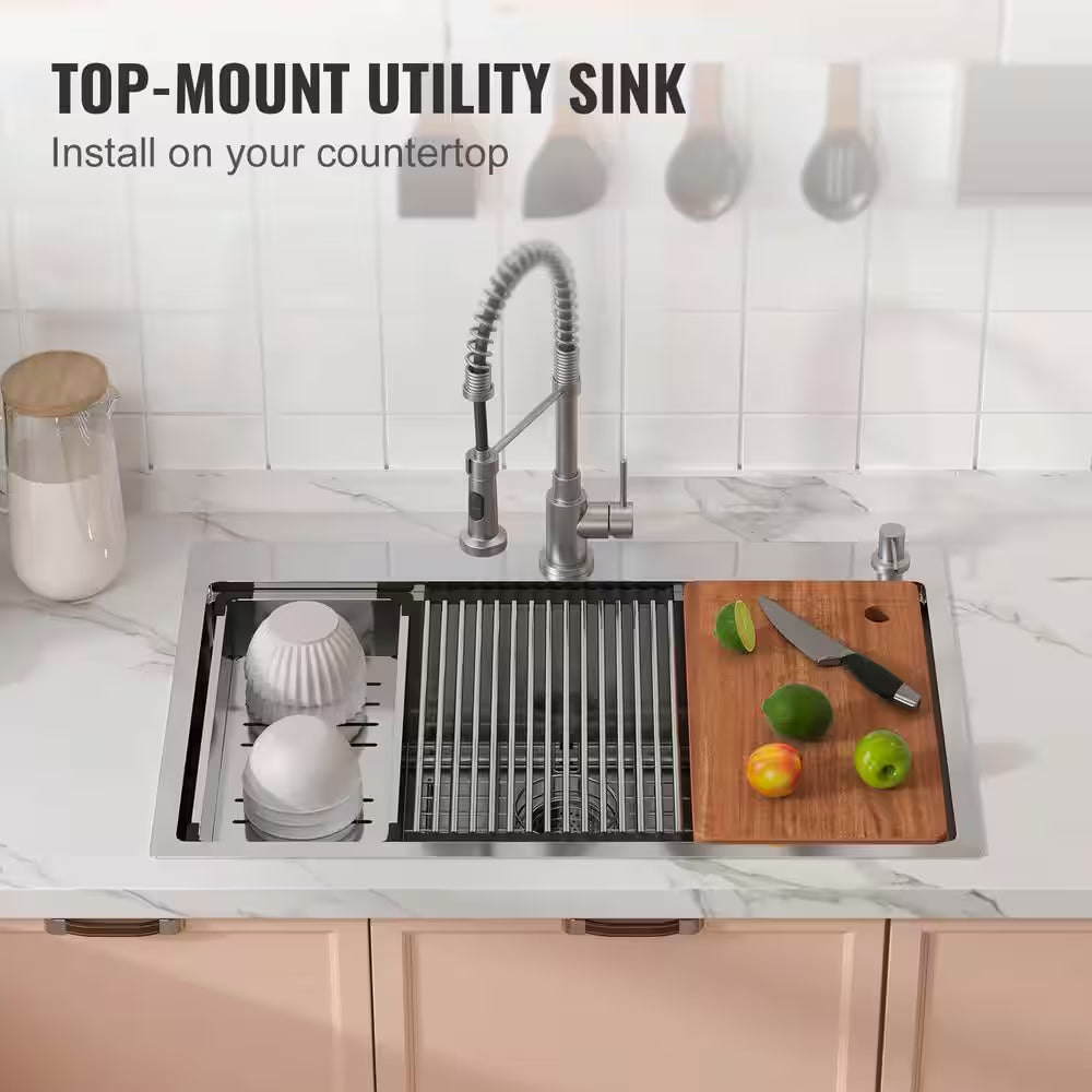 30 In. Kitchen Sink Workstation, 304 Stainless Steel Top Mount Sinks, Drop-In Single Bowl Farmhouse Basin with Ledge