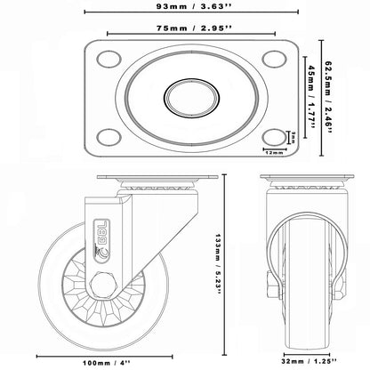 4" Heavy Duty Caster Wheels without Brakes + Screws - up to 1320Lbs - Set of 4 No Floor Marks Silent Castor for Furniture - Rubbered Trolley or Pallet Swivel Wheels - Silver Casters