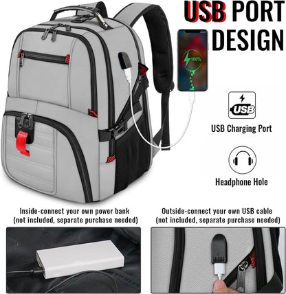 Extra Large Travel Backpack for Men Women, Airline Approved Business Laptop Computer School Bag with USB Port and Luggage Strap, 30L