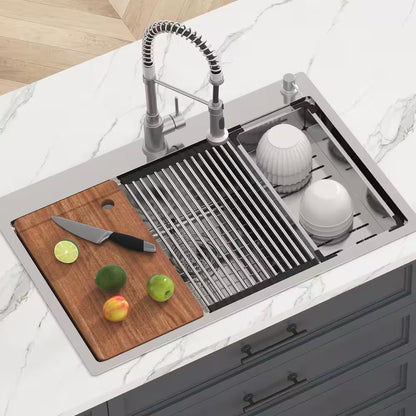 30 In. Kitchen Sink Workstation, 304 Stainless Steel Top Mount Sinks, Drop-In Single Bowl Farmhouse Basin with Ledge
