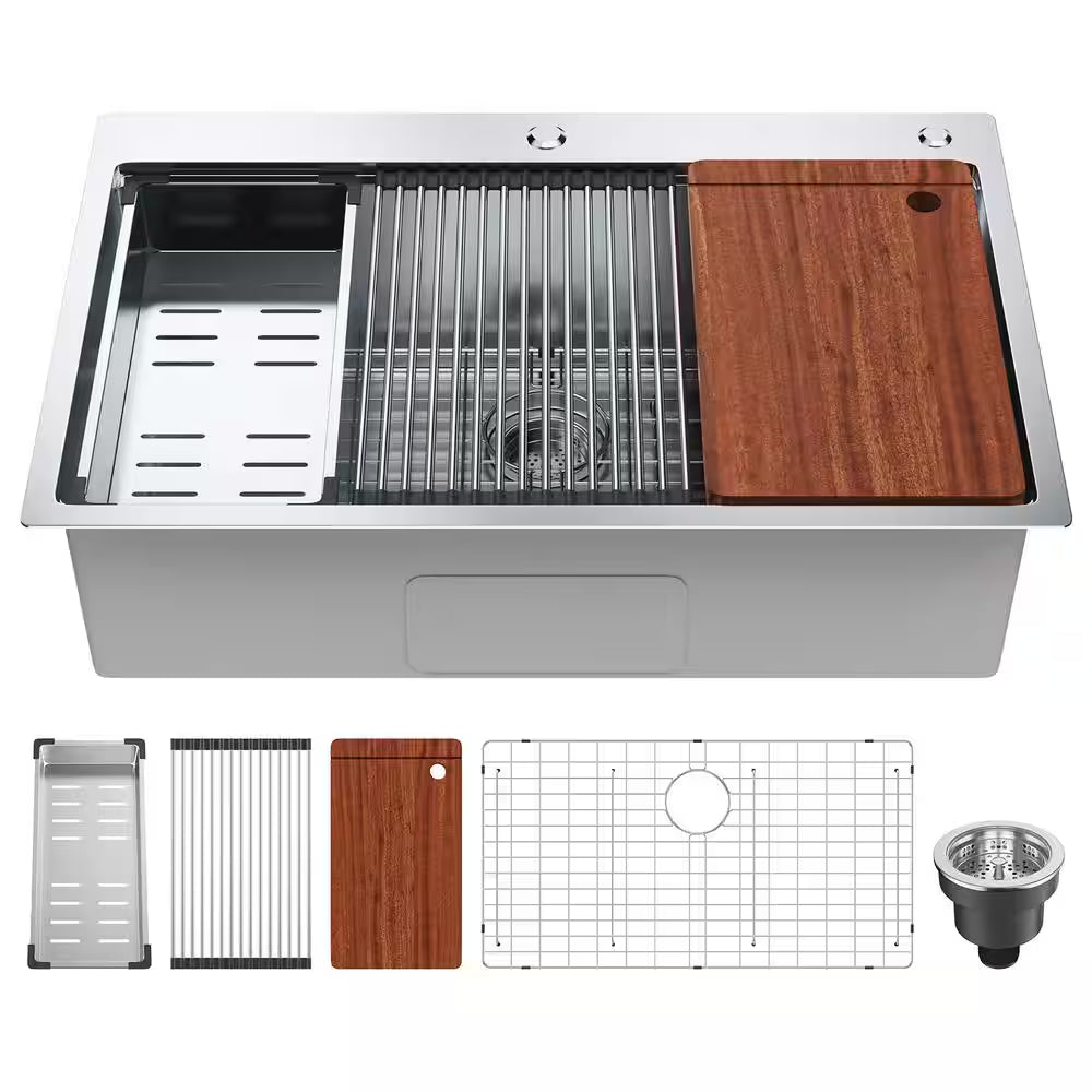 30 In. Kitchen Sink Workstation, 304 Stainless Steel Top Mount Sinks, Drop-In Single Bowl Farmhouse Basin with Ledge