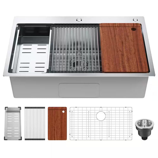 30 In. Kitchen Sink Workstation, 304 Stainless Steel Top Mount Sinks, Drop-In Single Bowl Farmhouse Basin with Ledge
