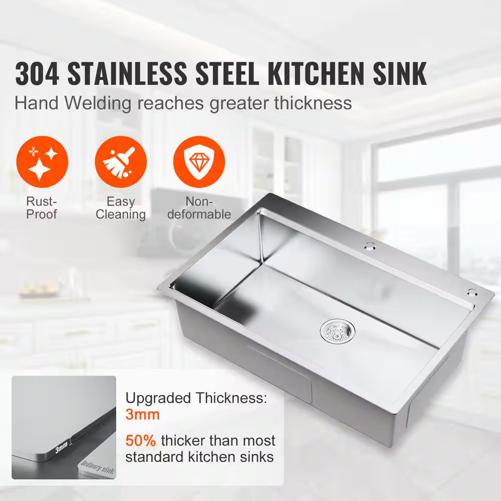 30 In. Kitchen Sink Workstation, 304 Stainless Steel Top Mount Sinks, Drop-In Single Bowl Farmhouse Basin with Ledge