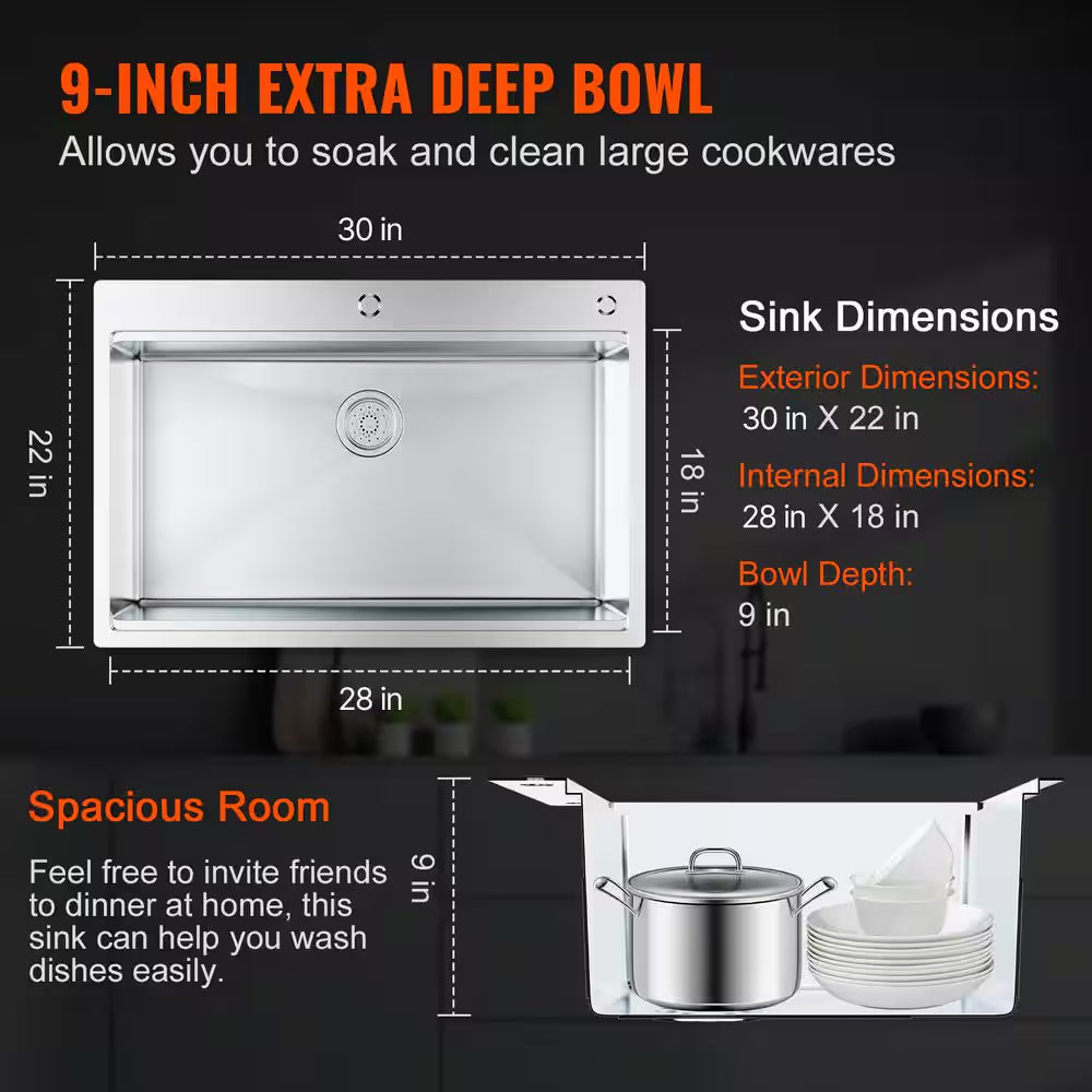 30 In. Kitchen Sink Workstation, 304 Stainless Steel Top Mount Sinks, Drop-In Single Bowl Farmhouse Basin with Ledge