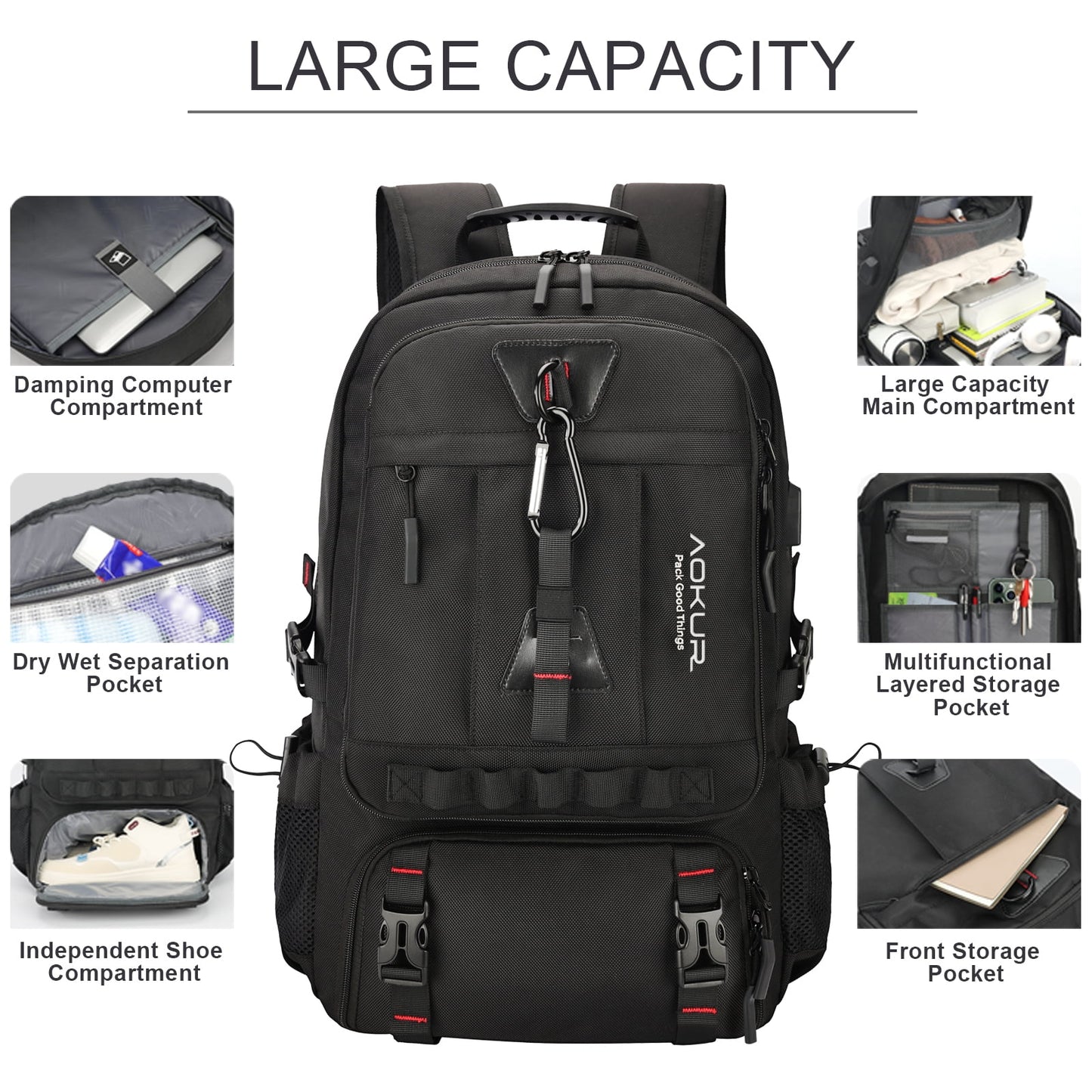 55L Expandable Travel Backpack, Unisex 18.4" Laptop Backpack with USB Charger Port, Extra Large Hiking Backpack with Shoes Compartment & Dry Wet Pocket Black