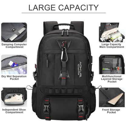 55L Expandable Travel Backpack, Unisex 18.4" Laptop Backpack with USB Charger Port, Extra Large Hiking Backpack with Shoes Compartment & Dry Wet Pocket Black