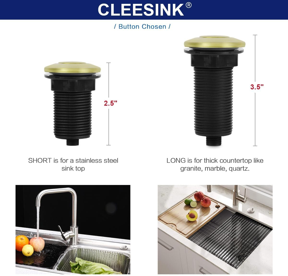 Garbage Disposal Switch, Cordless Air on off Kit for Food Waste Disposer, Brushed Gold, SHORT 2.5" Sink Top Push Button by
