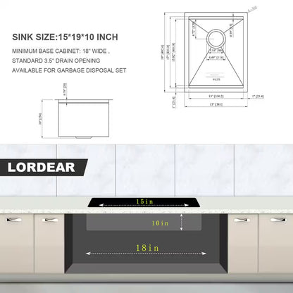 15 In. Undermount Single Bowl Stainless Steel Kitchen Sink, 16-Gauge Ledge Workstation Kitchen Sink