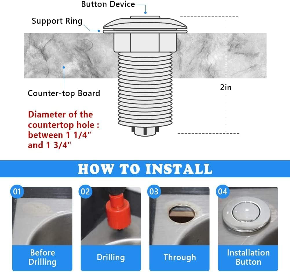 Garbage Disposal Switch, Cordless Air on off Kit for Food Waste Disposer, Brushed Gold, SHORT 2.5" Sink Top Push Button by