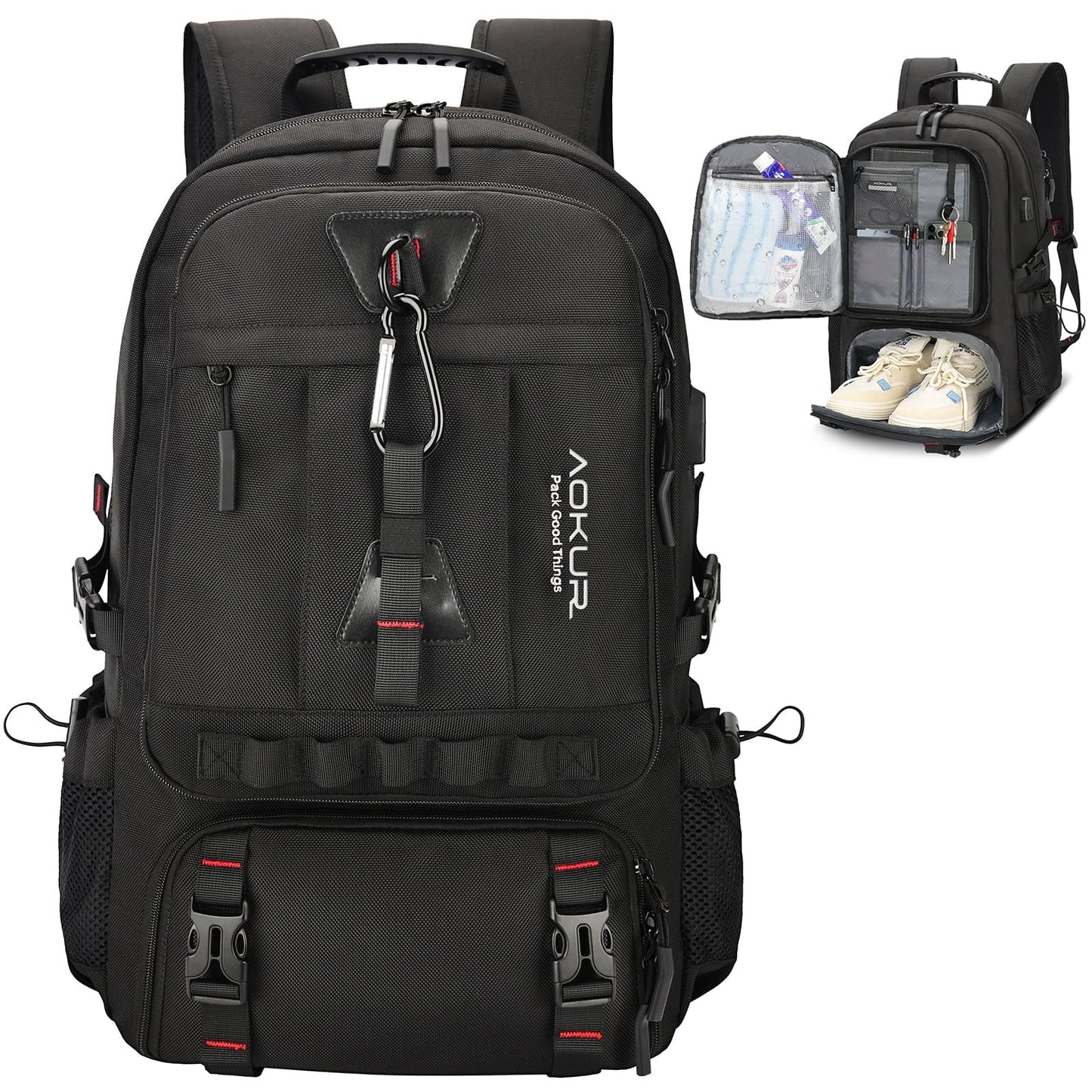 55L Expandable Travel Backpack, Unisex 18.4" Laptop Backpack with USB Charger Port, Extra Large Hiking Backpack with Shoes Compartment & Dry Wet Pocket Black