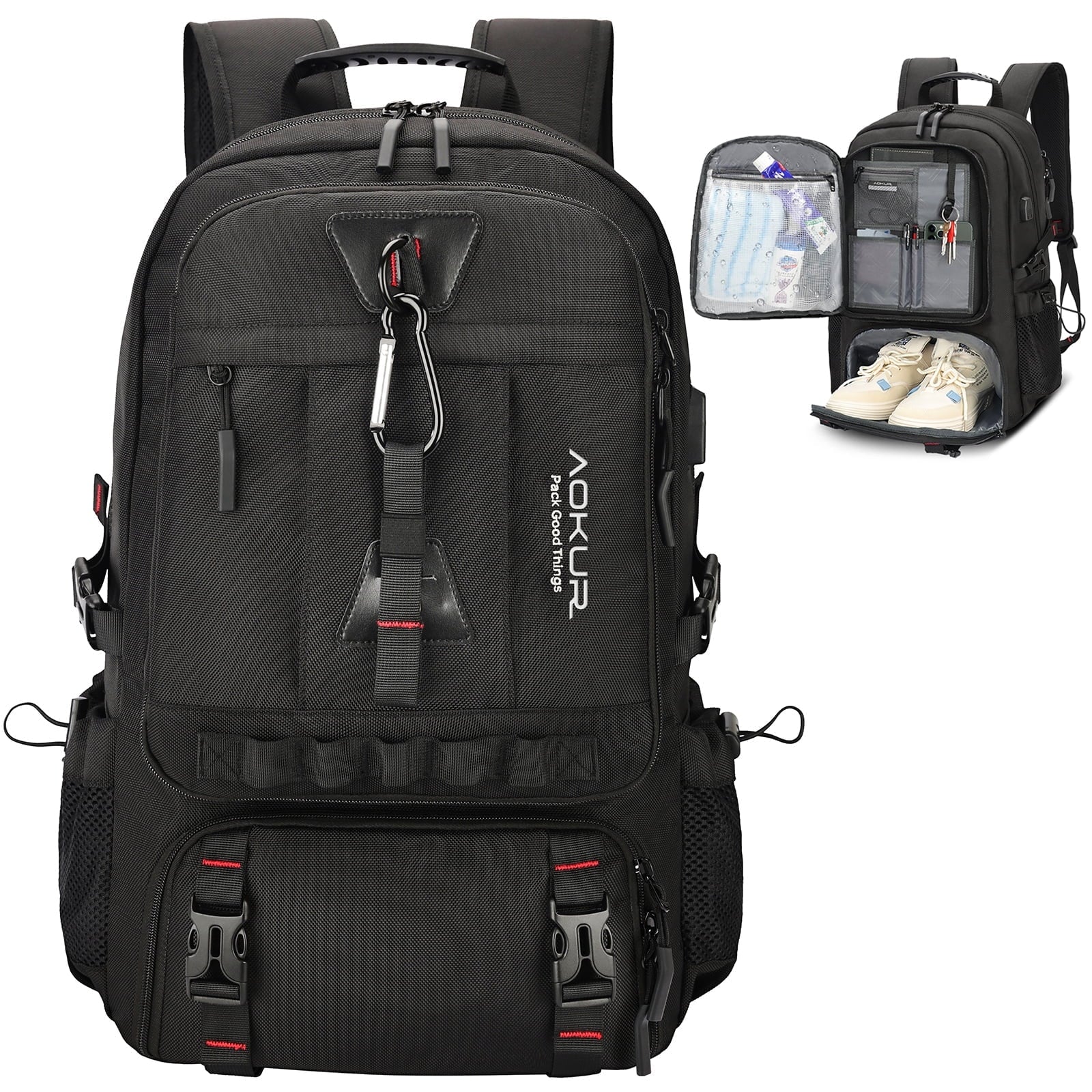 55L Expandable Travel Backpack, Unisex 18.4" Laptop Backpack with USB Charger Port, Extra Large Hiking Backpack with Shoes Compartment & Dry Wet Pocket Black