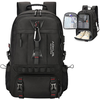 55L Expandable Travel Backpack, Unisex 18.4" Laptop Backpack with USB Charger Port, Extra Large Hiking Backpack with Shoes Compartment & Dry Wet Pocket Black