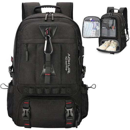 55L Expandable Travel Backpack, Unisex 18.4" Laptop Backpack with USB Charger Port, Extra Large Hiking Backpack with Shoes Compartment & Dry Wet Pocket Black