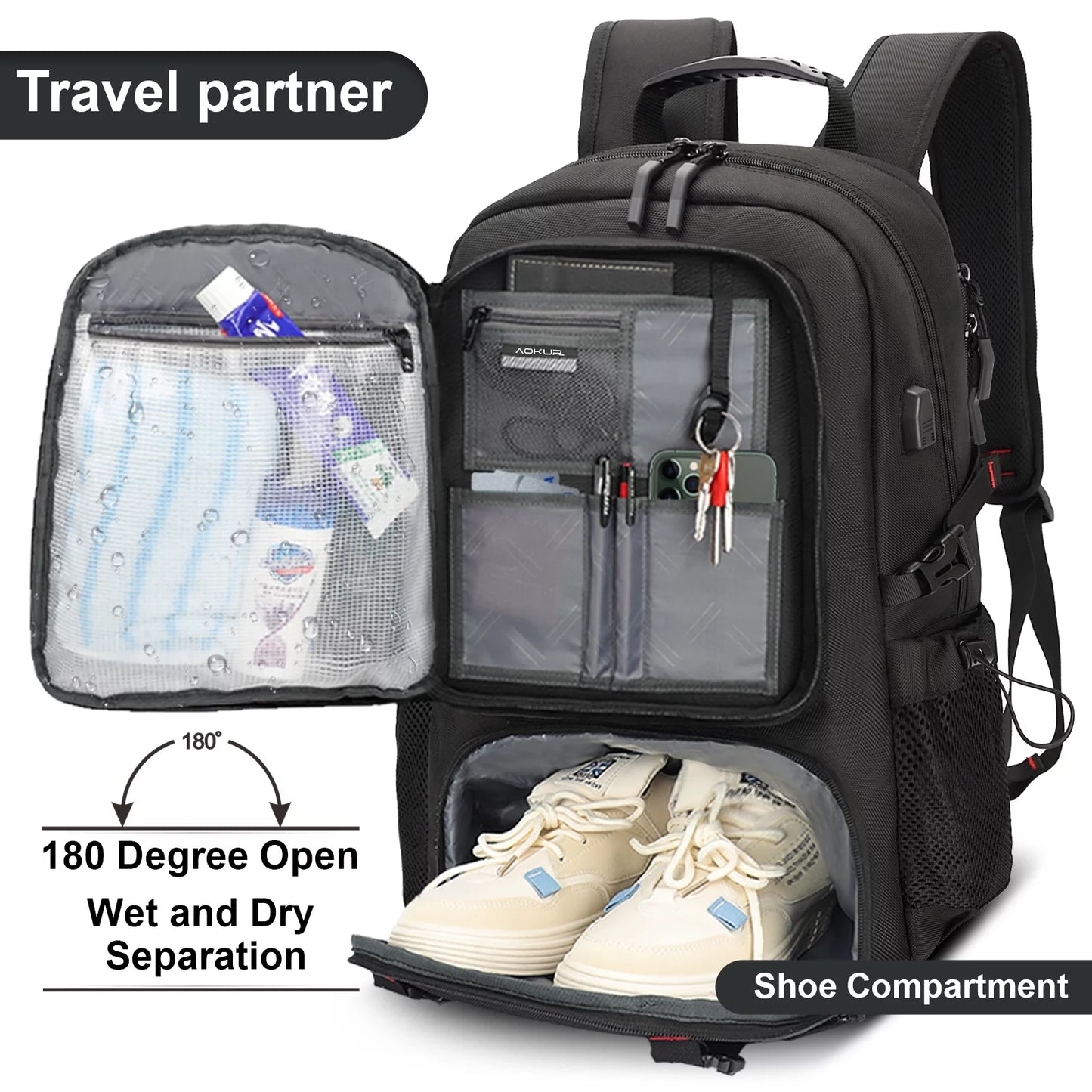 55L Expandable Travel Backpack, Unisex 18.4" Laptop Backpack with USB Charger Port, Extra Large Hiking Backpack with Shoes Compartment & Dry Wet Pocket Black