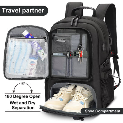 55L Expandable Travel Backpack, Unisex 18.4" Laptop Backpack with USB Charger Port, Extra Large Hiking Backpack with Shoes Compartment & Dry Wet Pocket Black