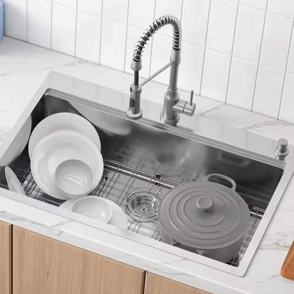 30 In. Kitchen Sink Workstation, 304 Stainless Steel Top Mount Sinks, Drop-In Single Bowl Farmhouse Basin with Ledge