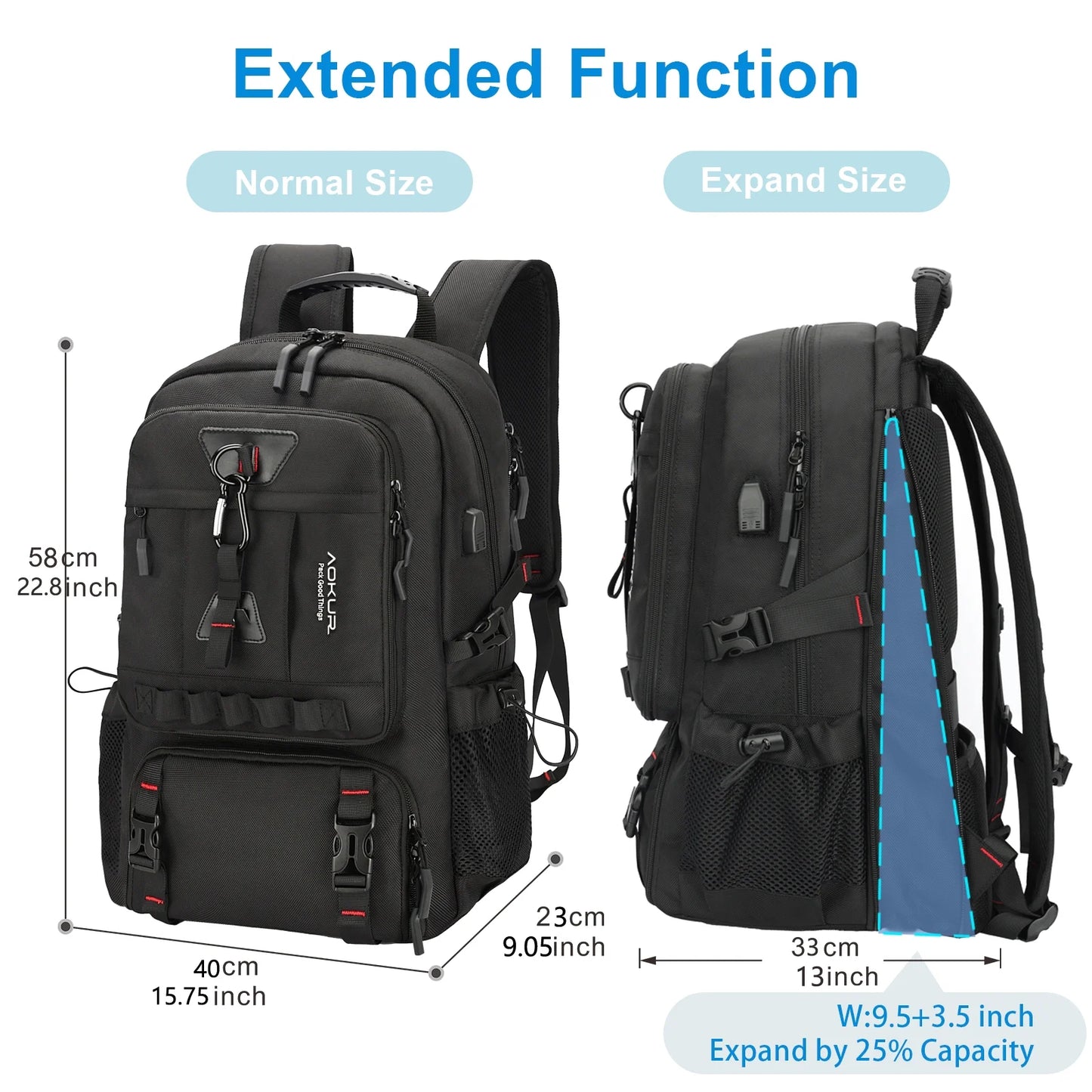 55L Expandable Travel Backpack, Unisex 18.4" Laptop Backpack with USB Charger Port, Extra Large Hiking Backpack with Shoes Compartment & Dry Wet Pocket Black