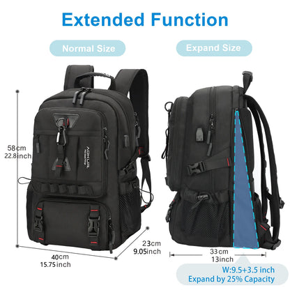 55L Expandable Travel Backpack, Unisex 18.4" Laptop Backpack with USB Charger Port, Extra Large Hiking Backpack with Shoes Compartment & Dry Wet Pocket Black