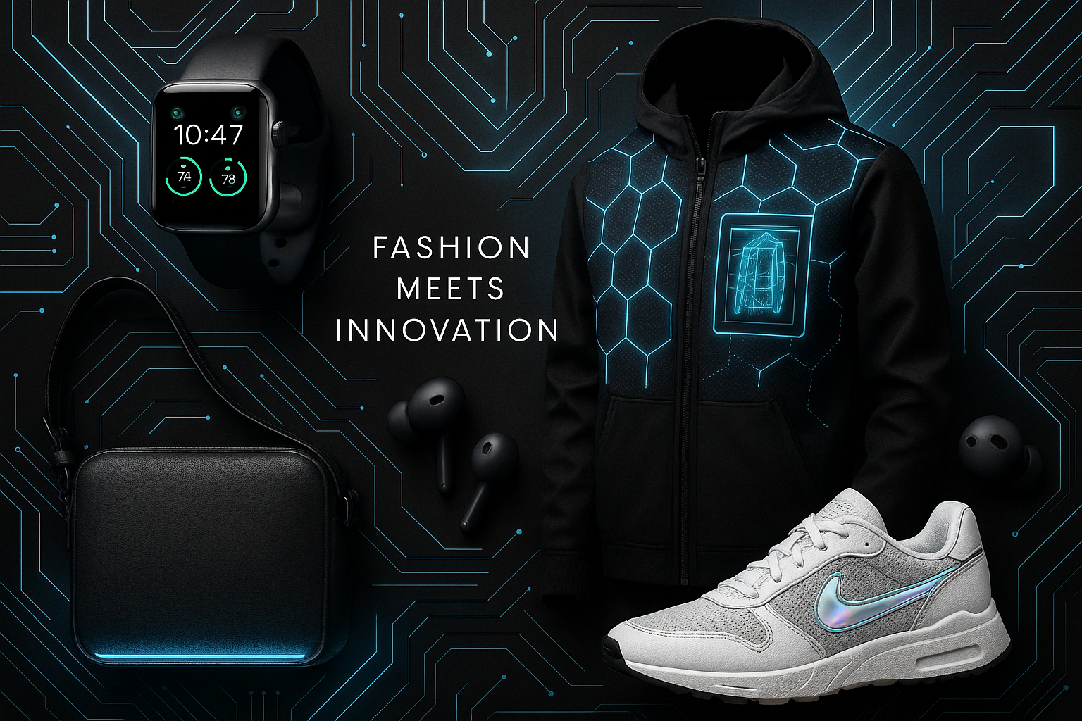 create a image that represents all about fashion, and tech stuff along with a small text