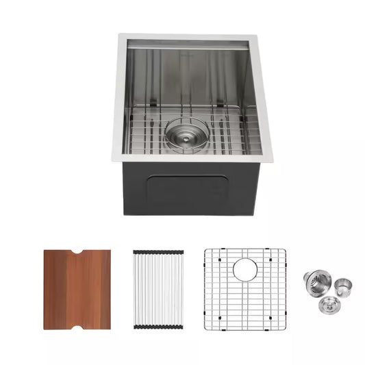 15 In. Undermount Single Bowl Stainless Steel Kitchen Sink, 16-Gauge Ledge Workstation Kitchen Sink